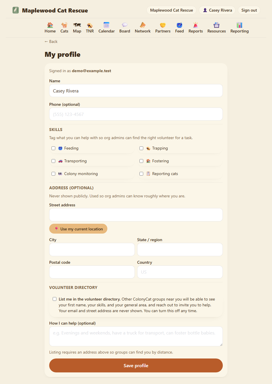 Personal profile page