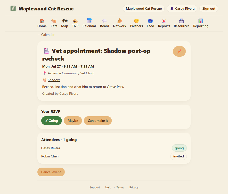 Event detail with RSVP and attendees