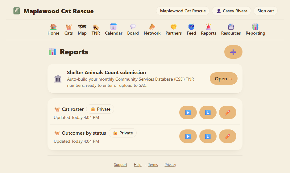 The saved reports list, with Run, Download, and Edit buttons on each report