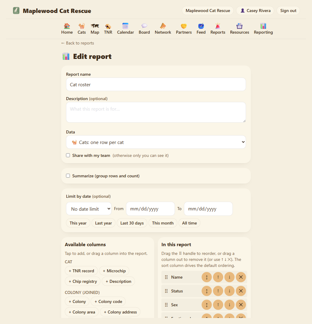 The builder: available columns on the left, the chosen columns with reorder controls on the right