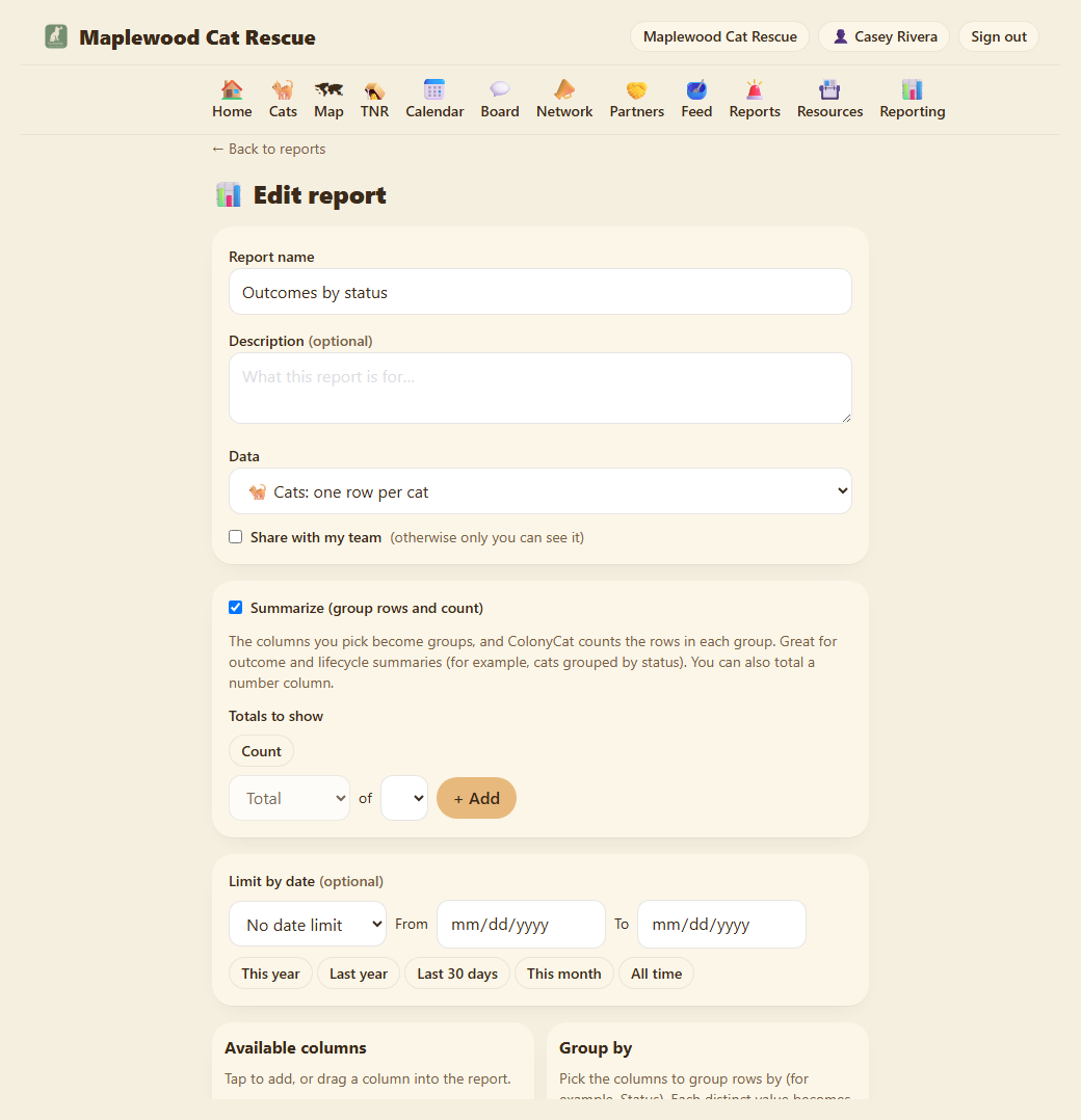 The builder in Summarize mode: the toggle on, a Count total, a Limit-by-date range set to this year, and Status chosen under Group by