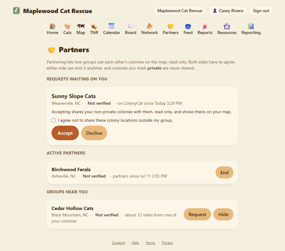 The Partners page: an incoming request, an active partner, and a nearby group