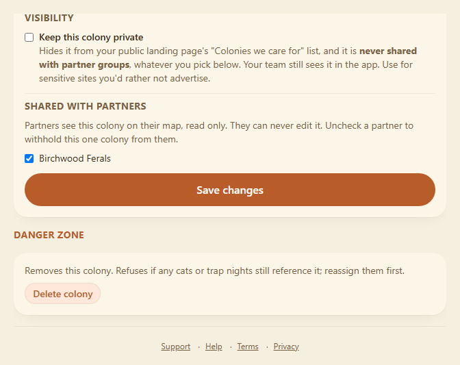 The "Shared with" control on a colony, plus the private toggle above it
