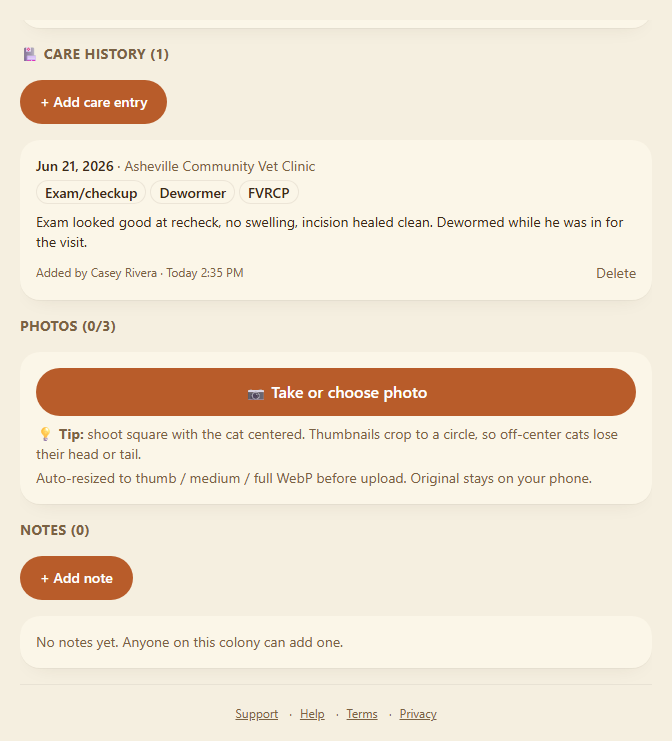 The Care history section on a cat's page, with a logged vet visit