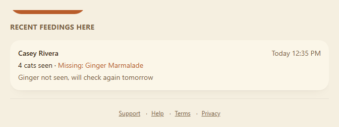 Colony page with recent feedings list