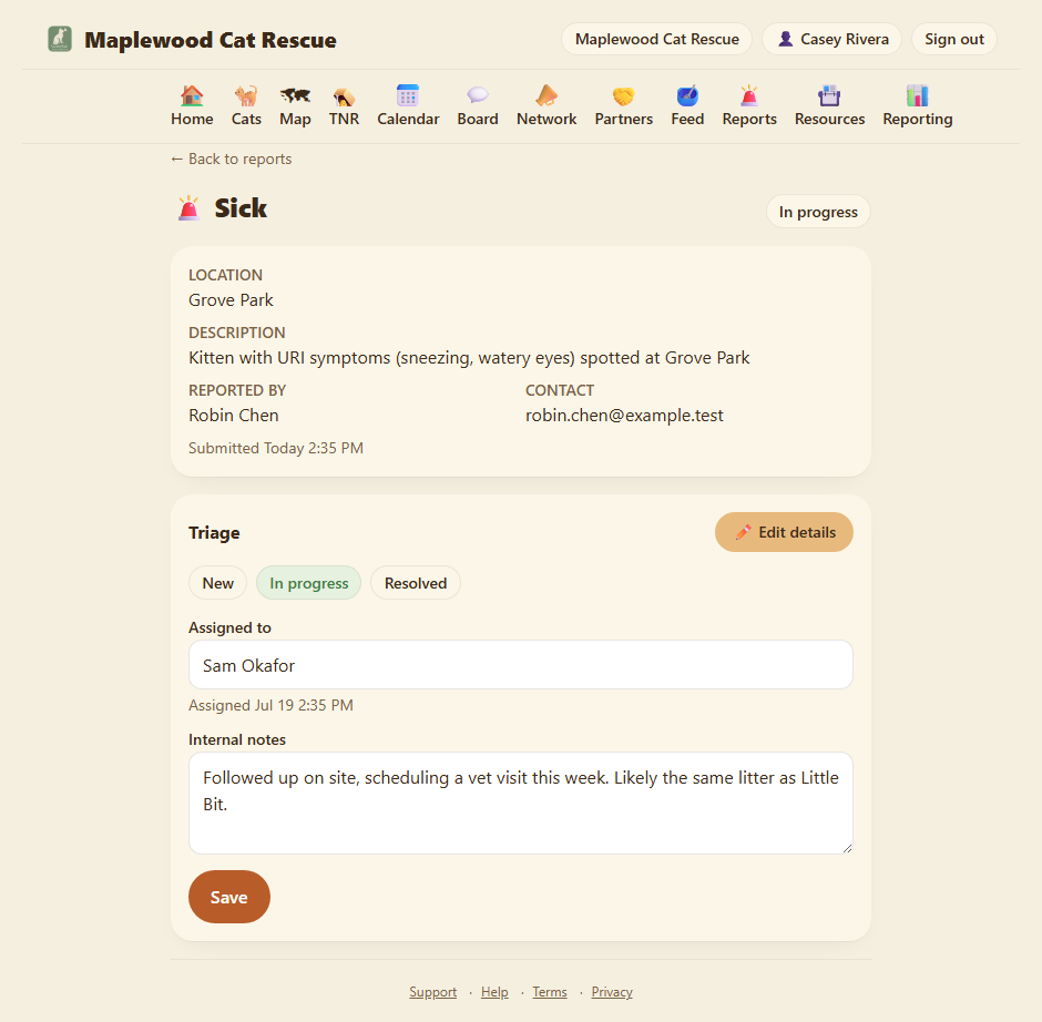 The report triage panel: status, assignee, internal notes, and Promote to colony