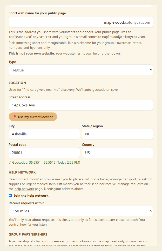 Public page settings on Edit profile