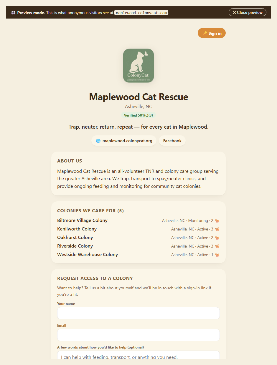A published public page: tagline, colonies, donate, and the request-access form