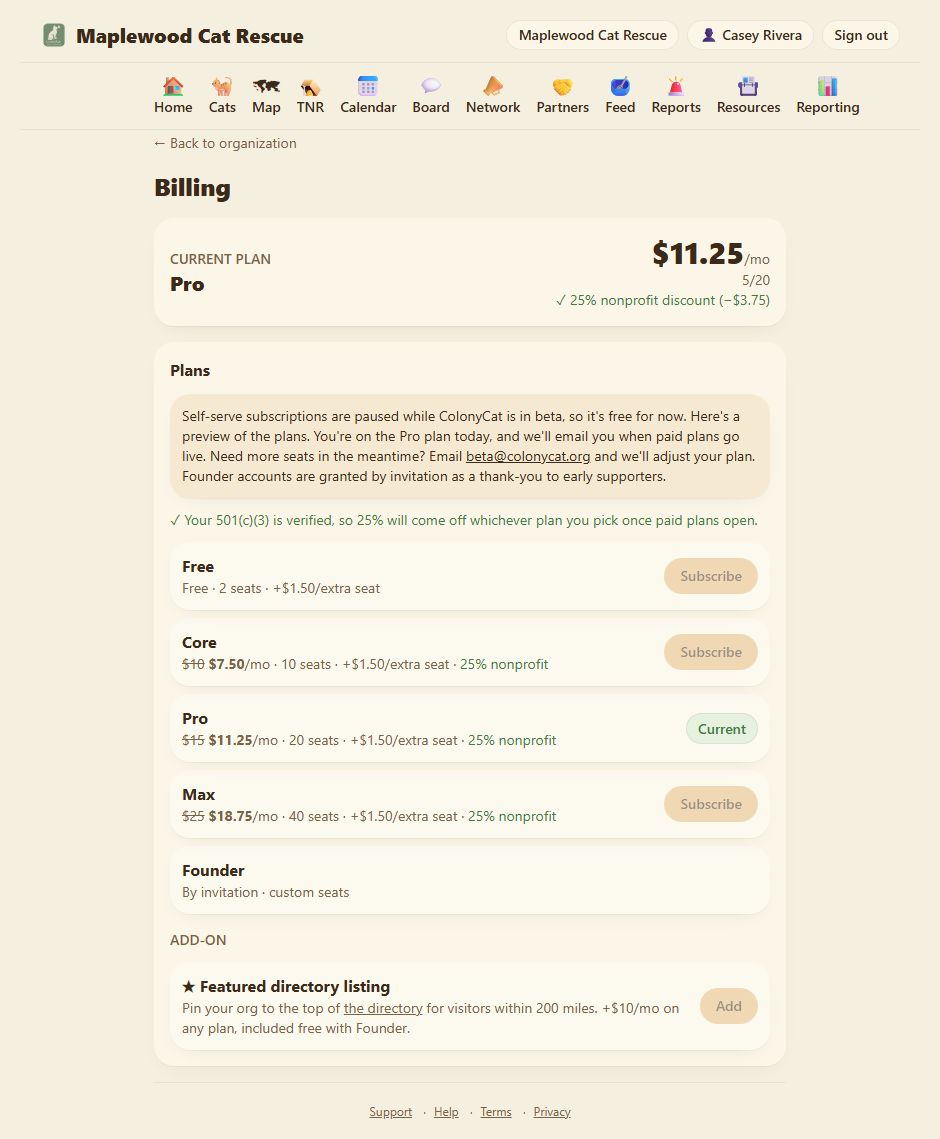 Billing page on free plan